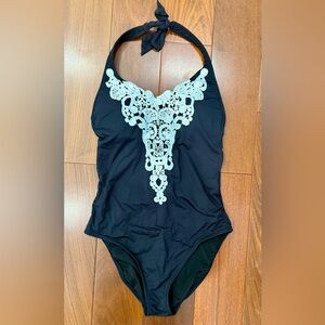 Black Swimsuit with White Lace Detail